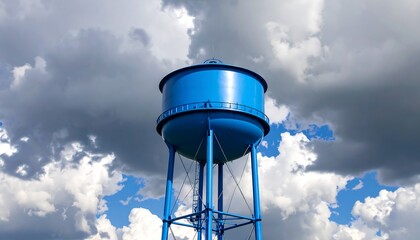 Blue water tower against cloudy sky
