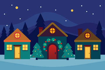 Cozy winter village scene with festive decorations and a starry night sky