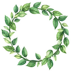 Fototapeta premium Beautiful watercolor green leaf wreath forming a circular frame with delicate foliage isolated on transparent background