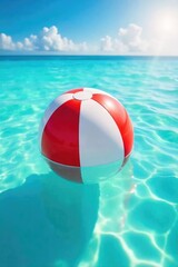 A bright red beach ball floats gently on a turquoise ocean, sun shining on the water Perfect for summer vacation, travel, and leisure themes Enjoy the carefree vibe , vacation, sunshine