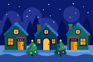 Cozy winter village scene with festive christmas trees and warmly lit houses under a starry night sky