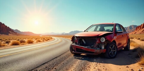 A broken down car sits on the side of a desert road, awaiting roadside assistance  The sun beats down on the vehicle, emphasizing the urgency of the situation , road, assistance