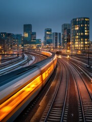Fototapeta premium Dynamic train movement through urban landscape city center photography evening aerial view transport concept