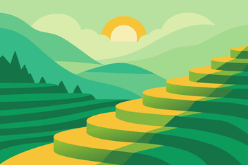 Stylized green terraced hills under a bright sun with soft clouds in a peaceful landscape