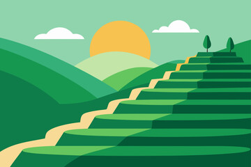 Serene green terraced hills under a warm sun with a winding path leading upwards towards two stylized trees