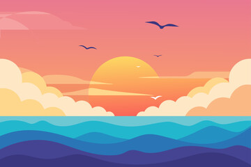 Serene sunset over a wavy ocean with silhouetted birds and fluffy clouds in a stylized flat design