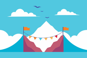 Festive mountain summit celebration with flags and bunting connecting two peaks under a bright blue sky with clouds and birds