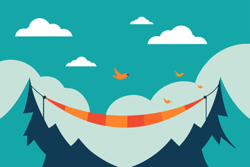 A vibrant illustration of an orange and red hammock stretched between two majestic mountain peaks under a clear blue sky with fluffy white clouds and soaring birds