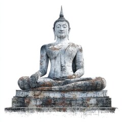 Fototapeta premium Weathered White Stone Buddha Statue in Seated Pose
