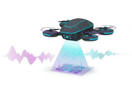 Modern drone scanning area with advanced technology and digital sound waves for innovative solutions
