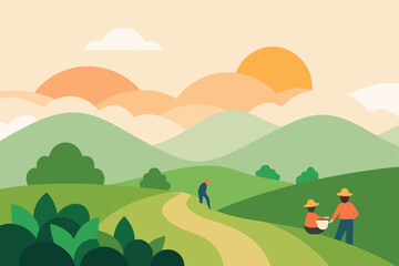 Serene rural landscape with farmers working amidst rolling green hills under a warm hazy sunset sky