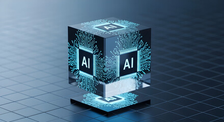 A glowing cube with "AI" on its faces, surrounded by circuit patterns, hovers above a reflective surface.
