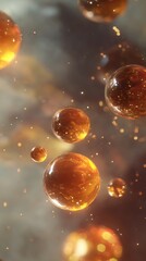 Luminous 3D Render of Amber Spheres Floating in Space, Showcasing Light Refraction and Golden Particles, Ideal for Science