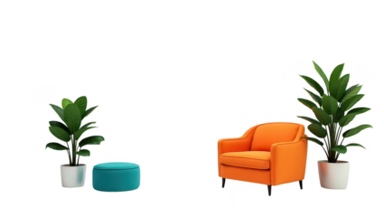 Orange armchair and teal footstool with potted plants on a black background.