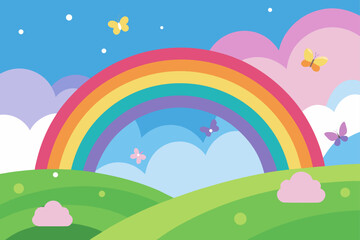 Vibrant rainbow arches over rolling green hills under a bright blue sky with butterflies and fluffy clouds
