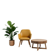 Mustard yellow armchair and wooden coffee table in a minimalist interior setting.