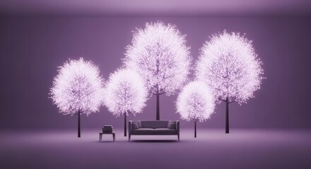 A surreal purple room with a sofa and stool beneath five glowing, fluffy, stylized trees.