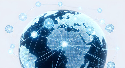 Global network connections visualized as glowing nodes linked around a translucent Earth.