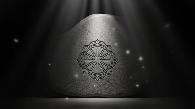 Serene Stone Carving of Dharma Wheel Illuminated by Soft Light and Floating Particles, Evoking Spiritual Calm and Ancient Wisdom