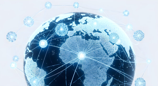Global network connections visualized as glowing nodes linked around a translucent Earth.