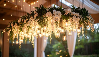 Hanging floral arrangement with cascading orchids and soft lighting