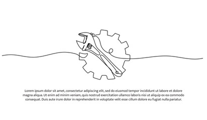 One line of gear and wrench. Abstract minimal continuous line.