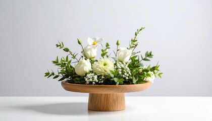 Minimalist ikebana-style flower arrangement on a clean white background