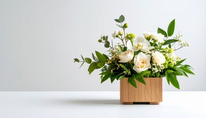 Minimalist ikebana-style flower arrangement on a clean white background