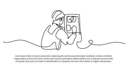 One line of a man is repairing the electricity. Abstract minimal continuous line.