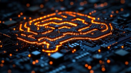 Circuit board with glowing neural pathways
