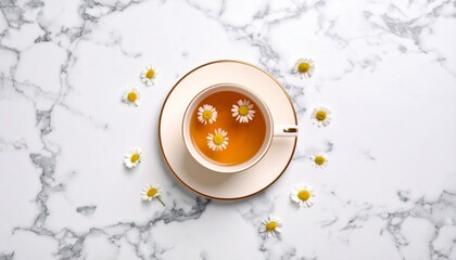 Top view of a teacup with floating chamomile flowers on a marble surface 