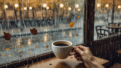 Sipping coffee by the window on a rainy autumn day