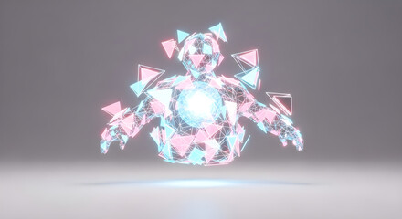 Abstract digital figure with glowing core, surrounded by geometric shapes.