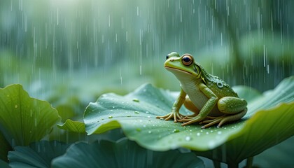 A cute small green tree frog sits on a leaf in a pond, showcasing the amphibian's macro close-up in its natural wildlife habitat