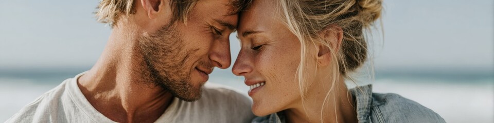 Obraz premium Authentic National Be Someone Day Couple Embracing by Ocean Horizon in Summer for Millennial Lifestyle Marketing and Inspiring Relationship Advertising Campaigns