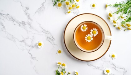 Top view of a teacup with floating chamomile flowers on a marble surface 