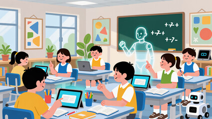 Interactive classroom with kids using technology