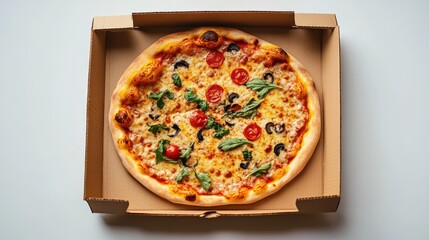 Pizza in a cardboard box.  Freshly baked, round pizza, topped with cheese, cherry tomatoes, olives, and basil, nestled in a light brown cardboard container
