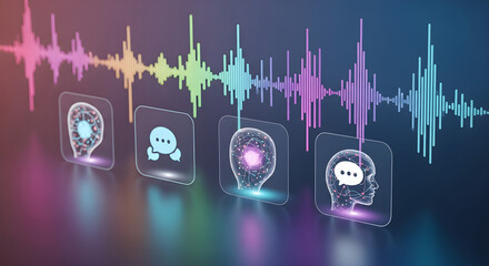 Abstract digital representation of voice data analysis and AI communication, showing sound waves and networked human heads.