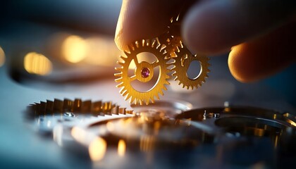 Precision Engineering and Mechanical Innovation Concept Featuring Hand Adjusting Golden Gear Inside Intricate Watch Mechanism Representing Technology and Craftsmanship