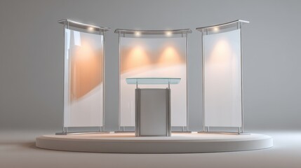 Modern exhibition booth with glass podium and illuminated panels, neutral background and spotlights, clean minimal trade show stand design, commercial event and branding presentation use  