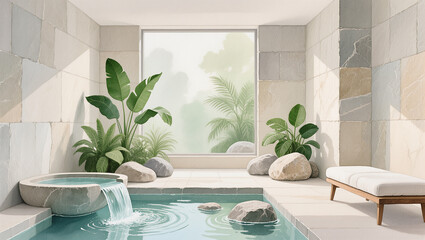 Serene retreat in a tranquil spa with natural stone elements