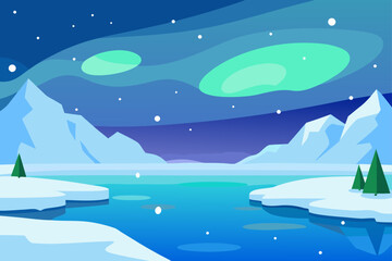 Serene arctic landscape under the aurora borealis with snow covered mountains and frozen waterways