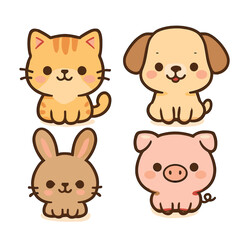 Four Adorable Kawaii Pet Animals: Cat, Dog, Rabbit, and Pig