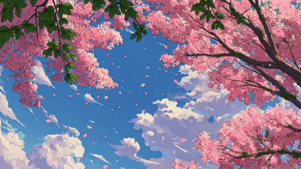 Cherry blossoms falling gracefully over blue sky background