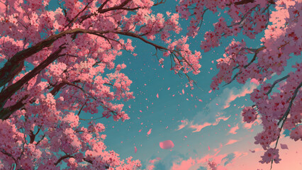 Cherry blossoms falling gracefully over blue sky background