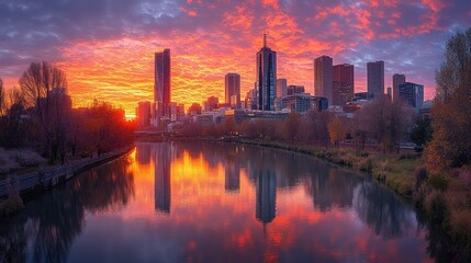 City sunrise reflected in calm river