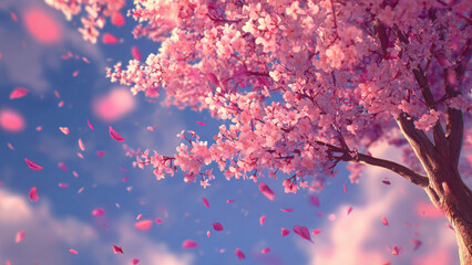 Cherry blossoms falling gracefully over blue sky background