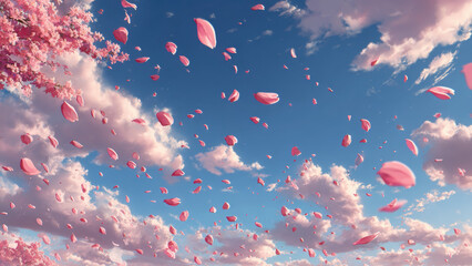 Cherry blossoms falling gracefully over blue sky background