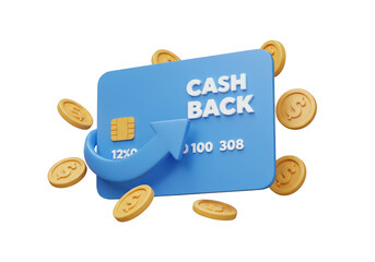 A blue cashback credit card with a curved arrow and gold coins isolated on a transparent background